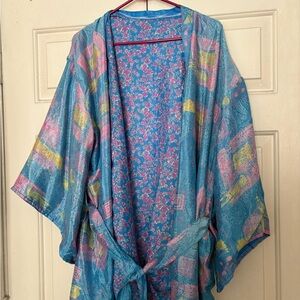 Silky Shiny Floral Blue Women's Robe